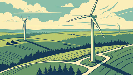 Wind Turbines in Green Rolling Hills Landscape Clean Energy Illustration Sustainable Power Generation Eco-Friendly Concept.