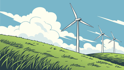 Wind turbines on a grassy hill under a blue sky with clouds.