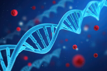 Abstract Blue DNA Strand Visualization with Floating Red Spheres on a Dark Blue Gradient Background, Representing Genetic Research and Scientific Exploration in a Modern Style