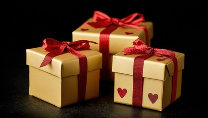 Three gold gift boxes with red ribbon