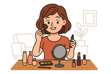 Woman applying makeup cosmetic with brush. Morning beauty routine concept. Girl doing makeup at table with mirror, lipstick, foundation, eyeshadow. Vector cartoon illustration.