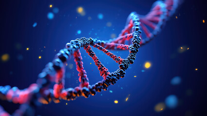 Detailed 3D Illustration of a DNA Double Helix with Red and Blue Coloring, Surrounded by Floating Particles, Emphasizing Genetic Information and Scientific Discovery
