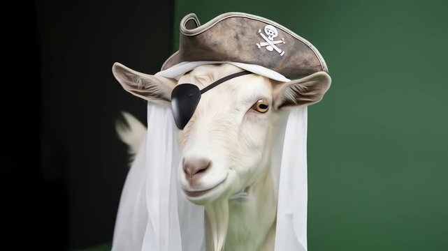 Goat wearing a pirate hat and eye patch