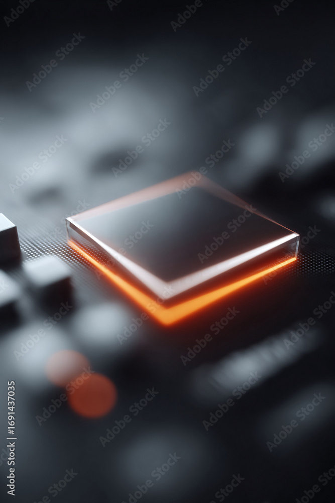 Poster closeup of a modern computer chip with an illuminating glow. illustrates technology, innovation, and