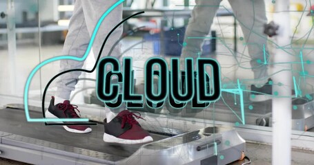 Feet walking on fitness treadmill overlaying network and spelling CLOUD drawing cyan cloud outline - Powered by Adobe
