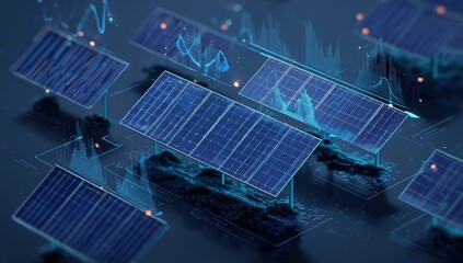 Abstract representation of solar panels overlaid with data visualizations