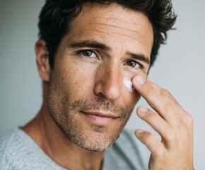 Obraz premium A close-up portrait of a man applying facial cream to his skin, highlighting skin care routine and healthy aging.