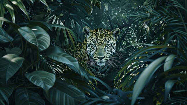 Jaguar camouflaged in lush jungle - Powered by Adobe