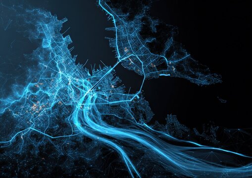 Abstract city map, glowing network - Powered by Adobe