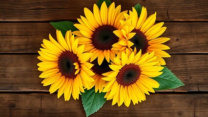 Obraz premium Golden-toned sunflower arrangement on rustic wood, radiating warmth and rustic charm.