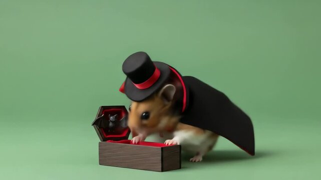 Hamster dressed as a vampire with a tiny coffin and bat