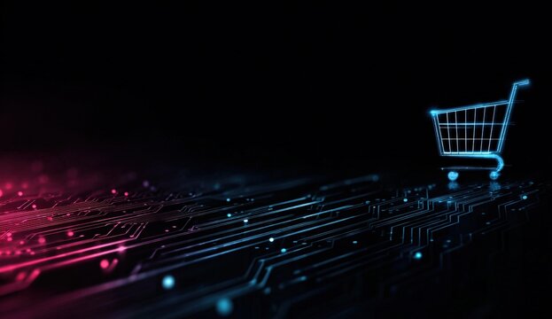 Futuristic shopping cart icon on a circuit board background