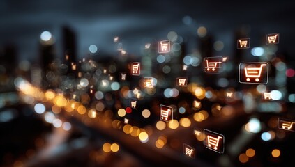 Night city skyline with floating shopping cart icons