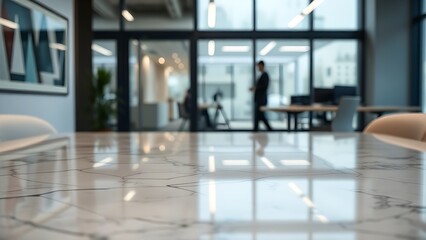 Polished marble tabletop reflecting abstract shapes with a blurred office environment in the background.