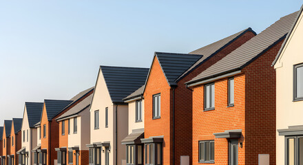 Row of modern houses under a clear blue sky