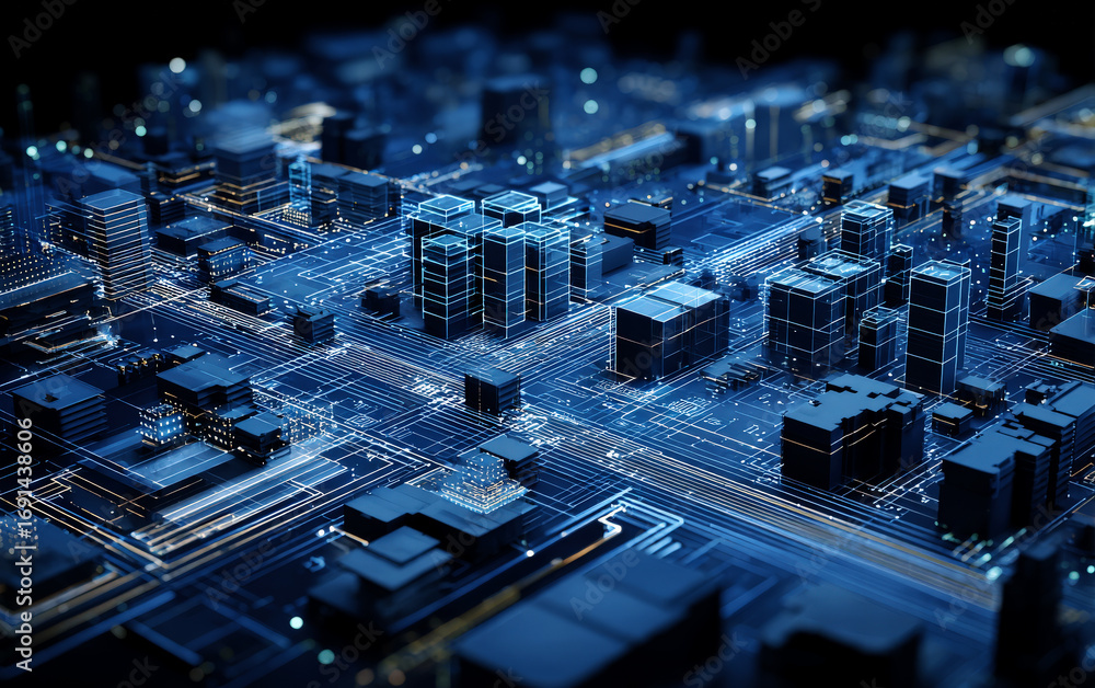 Aufkleber digital cityscape with interconnected buildings and circuit board patterns