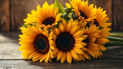 A rustic wooden surface holds a sunflower bouquet glowing with warm golden backlight.