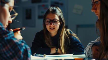 Three students engaged in a discussion while working on papers and books.