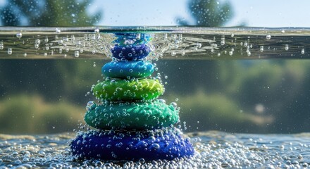 Colorful stacked stones submerged in water, surrounded by bubbles and a serene natural background