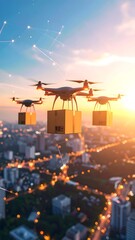 Drones delivering packages above a city at sunset