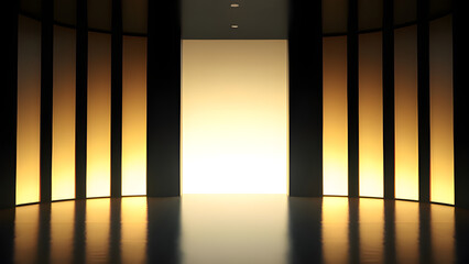 Fototapeta premium A softly lit corridor with dark vertical panels flanking a glowing white wall, creating a serene and modern atmosphere.