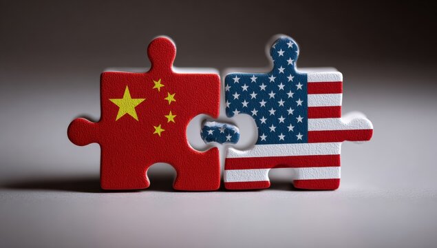 Two puzzle pieces, one with the Chinese flag and the other with the American flag, suggesting a connection or cooperation