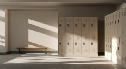 Empty school locker room bathed in sunlight