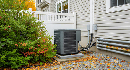 A new air conditioning unit sits outside a home, with electrical wiring and copper pipes connected to the building's exterior. The unit is placed on a concrete pad.