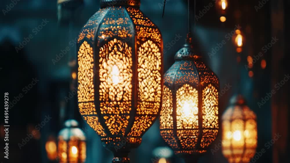 Poster handcrafted lanterns with intricate designs glow against the dark backdrop, creating a warm and invi