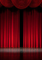 Theatrical red curtains are slightly open, revealing a dark background. This image evokes feelings of anticipation, performance, and drama.