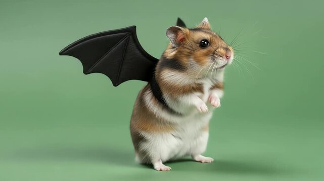 Hamster wearing bat wings against a green background