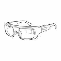 A black and white line art illustration of futuristic smart glasses, a wearable technology device with a heads-up display.