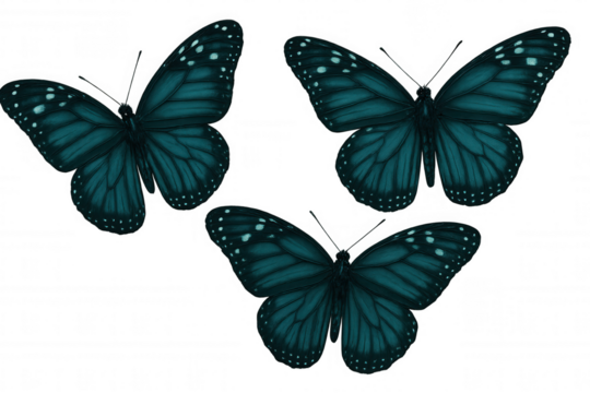 Teal butterflies with white markings soaring weightlessly, showcasing iridescent wings against translucent backdrop - Powered by Adobe