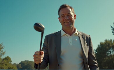 Smiling man in suit jacket and polo shirt holds a golf club. He stands outdoors on a sunny day, ready for a game.