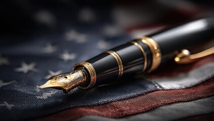 Close-up of a fountain pen resting on an American flag