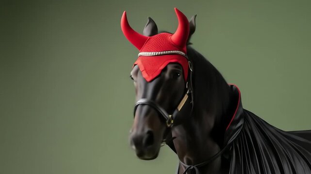 Horse wearing devil horns and cape