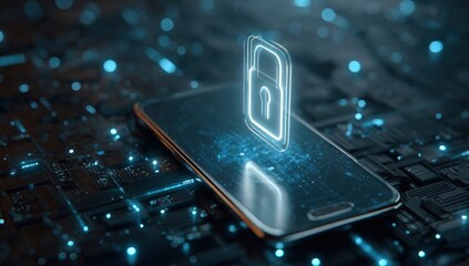 Smartphone with security lock graphic over circuit board