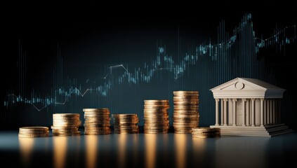 Stacks of gold coins lead to a classical bank building