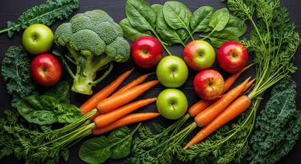 Fresh assortment of colorful vegetables and fruits arranged on a dark surface, showcasing healthy eating