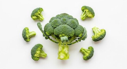 Fresh broccoli arranged artistically on a white background, showcasing vibrant green colors and textures