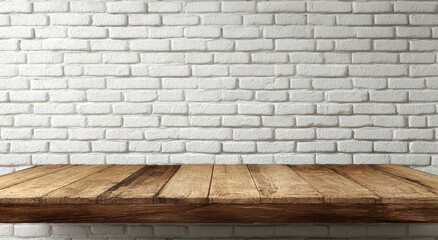 Wooden tabletop against white brick wall