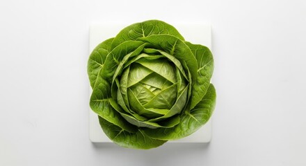 Fototapeta premium Fresh green cabbage displayed on a white cutting board, showcasing its vibrant leaves and texture