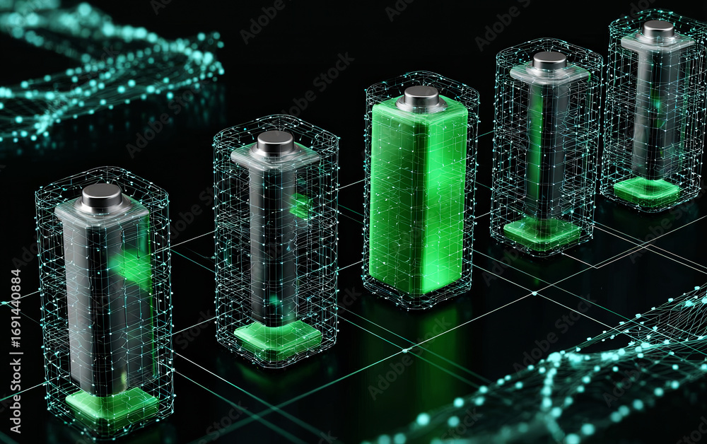 Poster 3d rendering of modern battery technology with digital connections