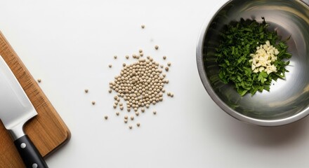 Fresh herbs and spices preparation on a kitchen countertop with a chopping board and knife