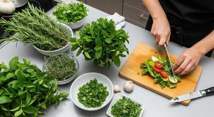 Fresh herbs being chopped on a wooden board in a modern kitchen, with various greens in bowls