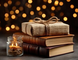 Stack of books and a gift, warm lighting