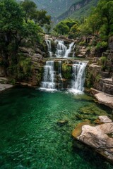 Serene waterfall cascading into a crystal-clear pool