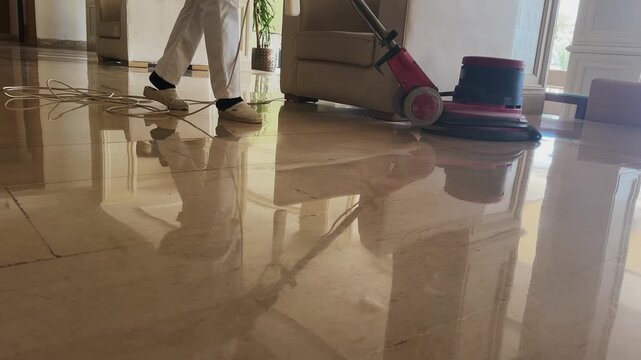 Cleaning machine being used to polish a clean and shiny tile floor