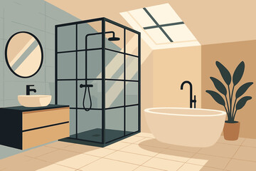 In modern interior design photography, a contemporary bathroom showcases a sleek black-framed glass shower enclosure and a freestanding bathtub illuminated by natural light pouring in through a