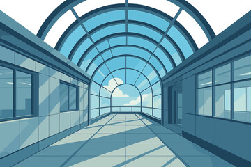 Inside a modern office building, a futuristic tunnel design showcases a large skylight that bathes the space in natural light